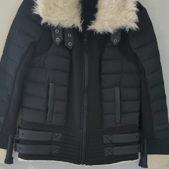 Blanc Noir Moto Aviator Black Puffer Jacket with Cream Faux Fur - Picture 3 of 13